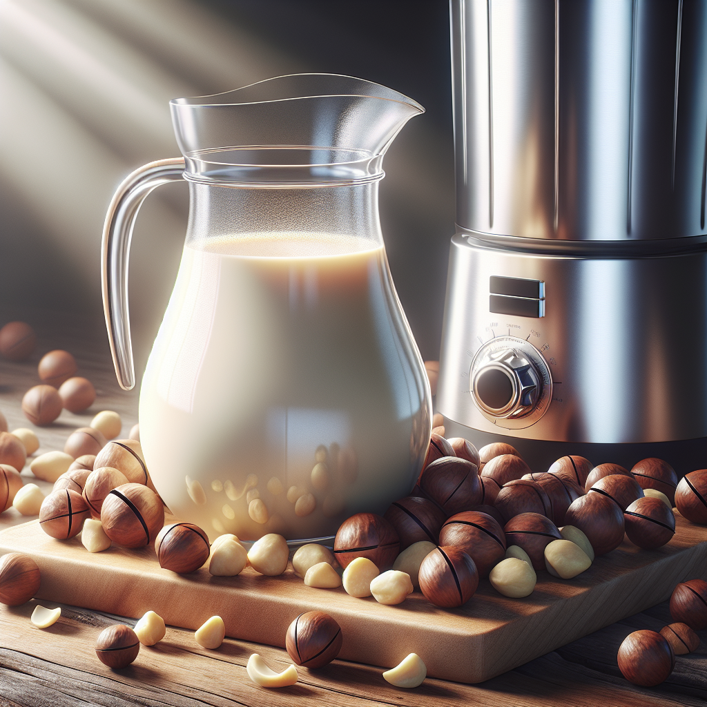 Realistic image of a glass jug of macadamia nut milk with whole nuts and a stainless steel blender on a wooden kitchen counter, bathed in natural light.