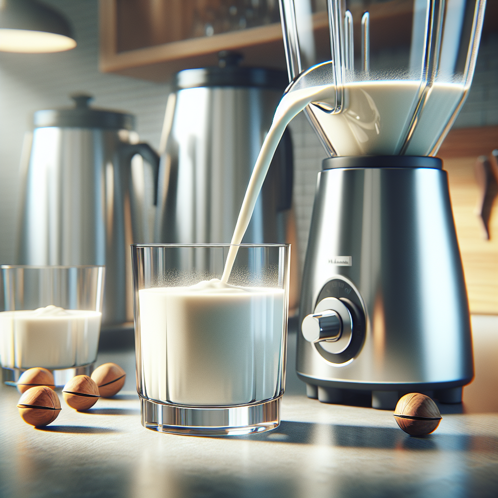 Macadamia nut milk pouring from a stainless steel blender into a glass on a kitchen counter.