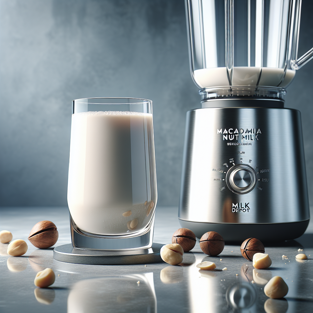 Glass of creamy macadamia nut milk next to a stainless-steel blender with macadamia nuts on a marble countertop.