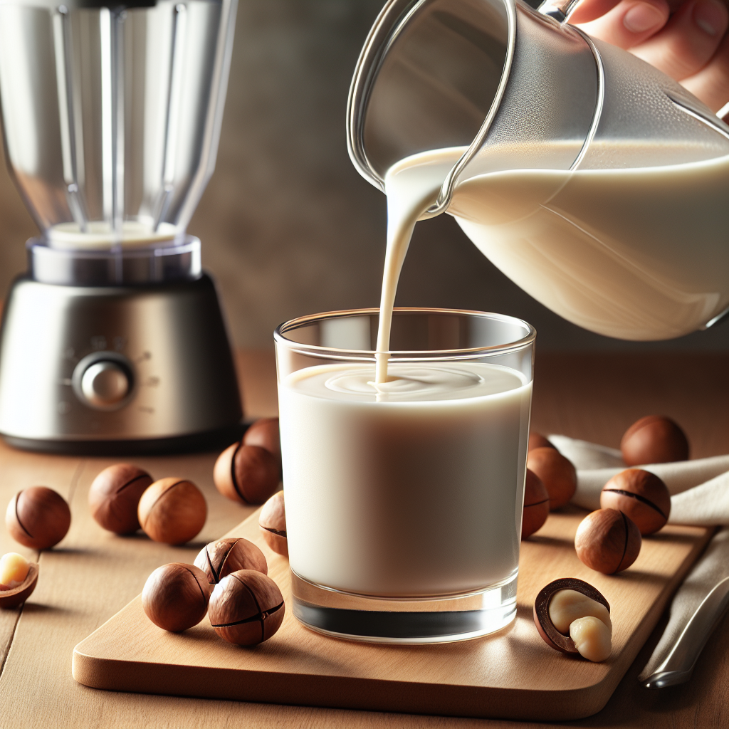 Macadamia nut milk being poured into a glass with a milk-making blender and scattered macadamia nuts on a kitchen counter.