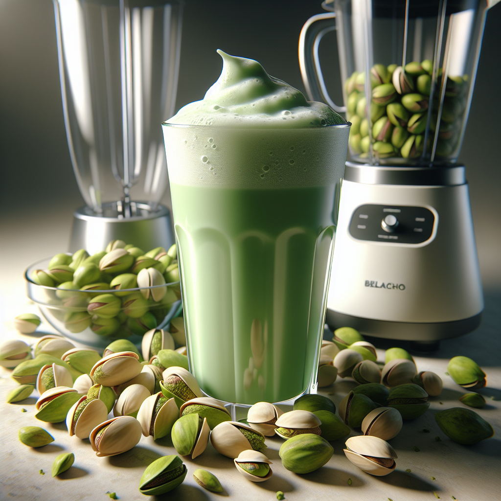 A glass of frothy pistachio milk with scattered pistachio nuts and a high-tech blender in the background, in a warm, sunlit setting.