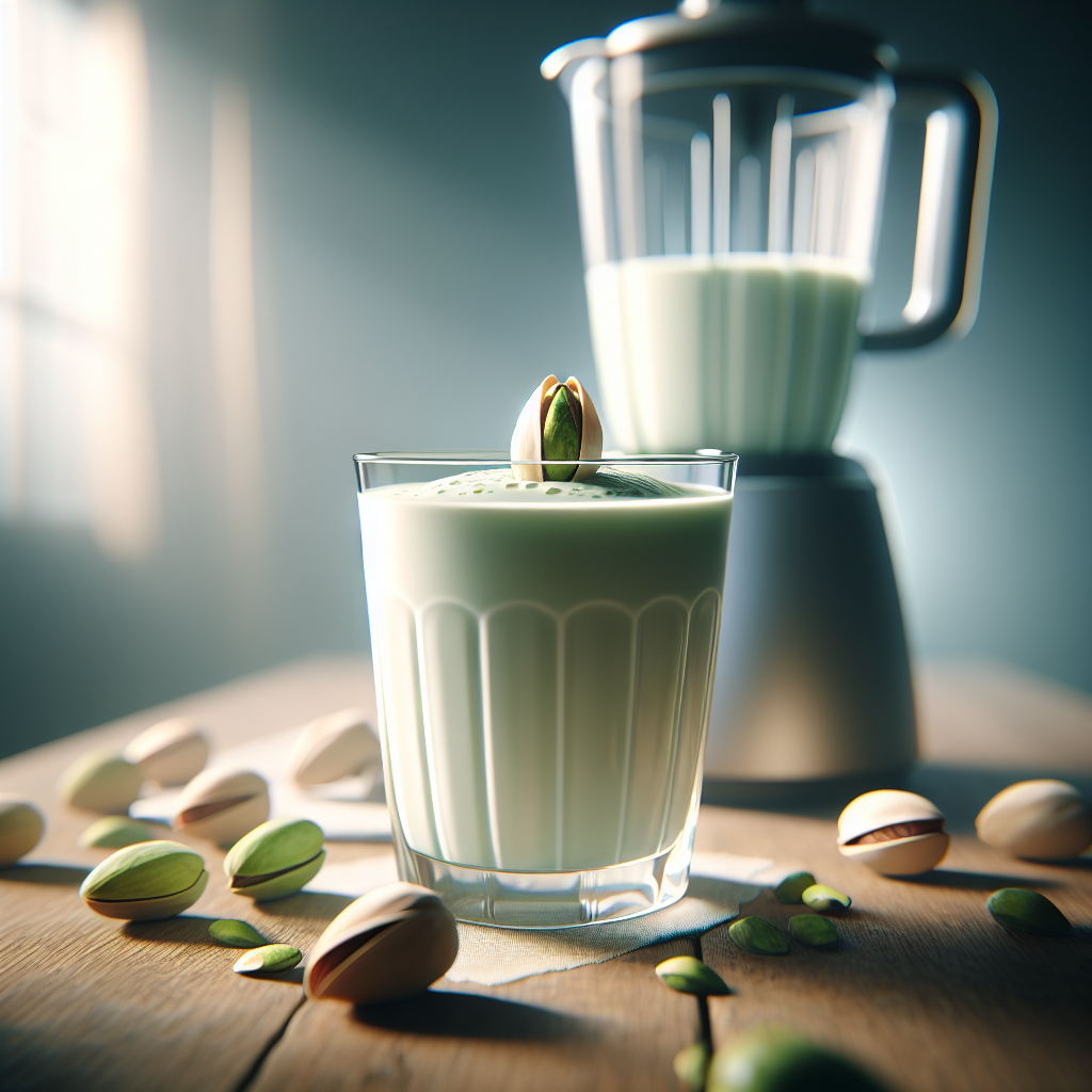 A realistic image of a glass filled with creamy pistachio milk on a wooden surface with a whole pistachio on the rim and a modern blender silhouette in the background.