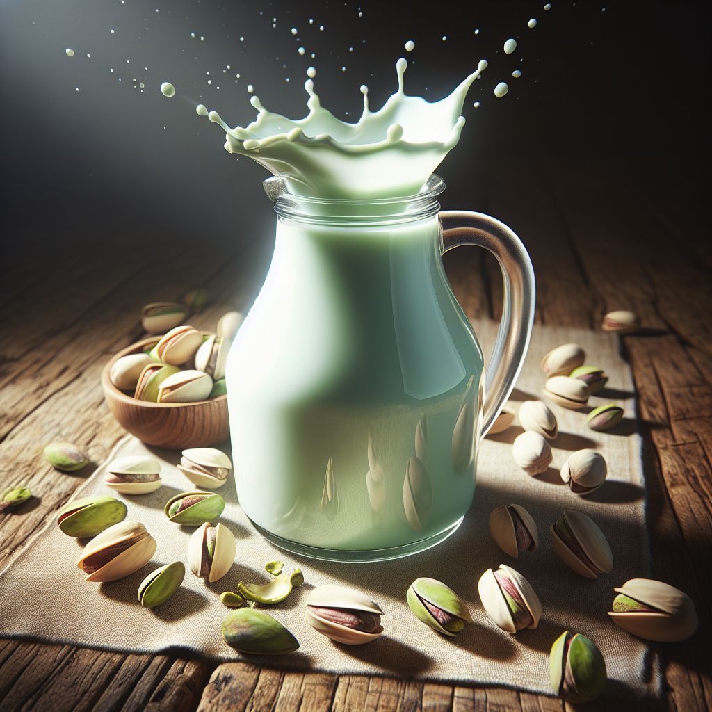 A rustic wooden table holds a glass carafe of pistachio milk with whole pistachios and a dynamic splash of the milk, bathed in soft, warm daylight.