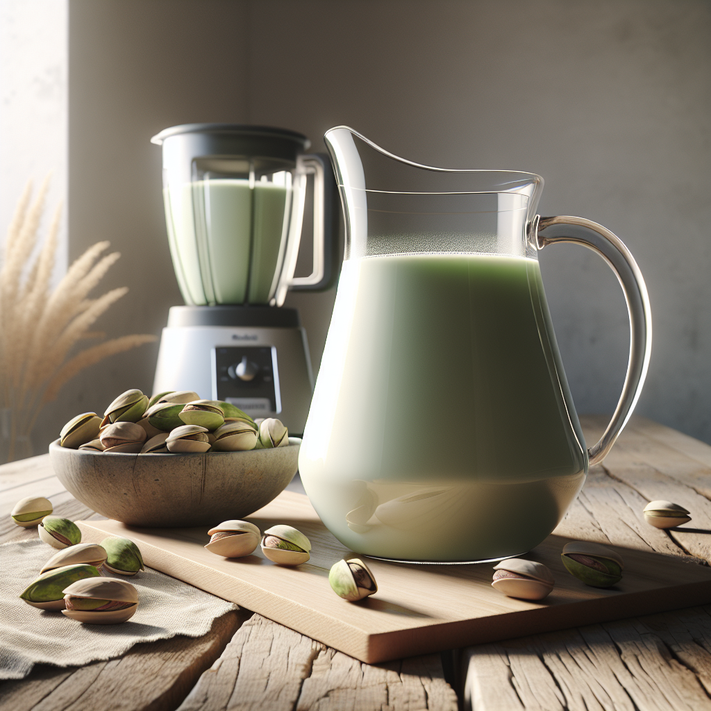 A glass pitcher of pistachio milk on a wooden table with pistachios alongside and a blender in the background, in natural daylight.