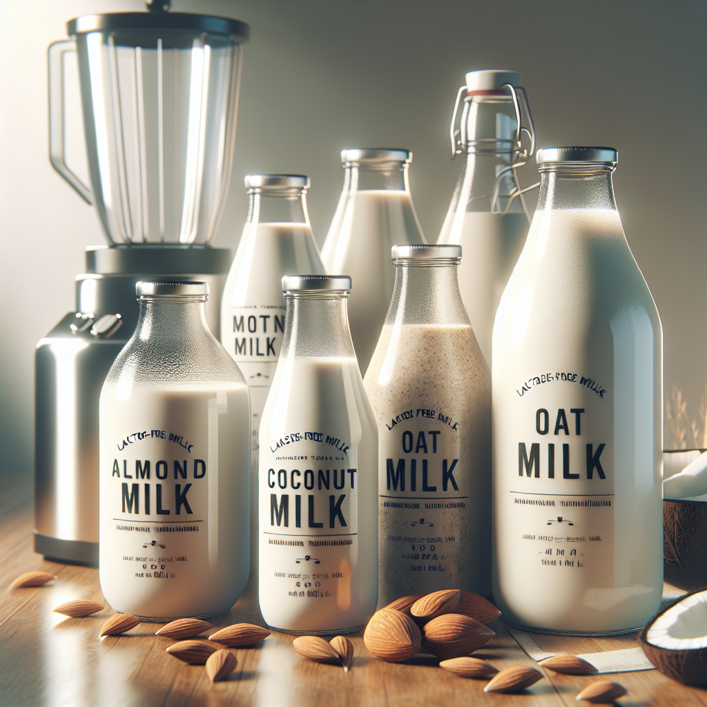 Glass bottles of almond, coconut, oat, and soy milk alternatives on a wooden countertop with a blender in the background, in a warm kitchen setting.