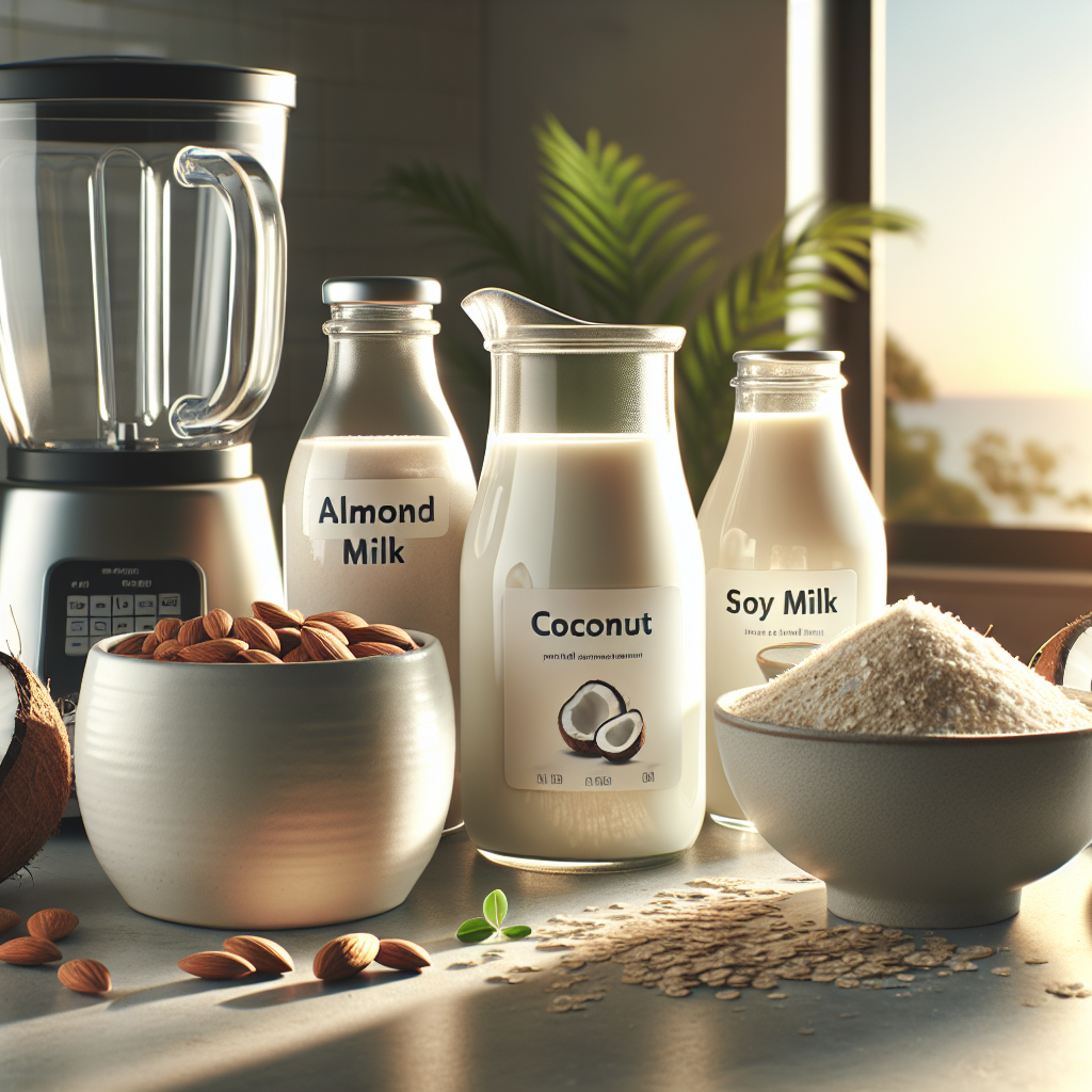 A variety of lactose-free milk alternatives on a kitchen counter, with their respective sources, depicted in a warm and realistic sunrise setting.