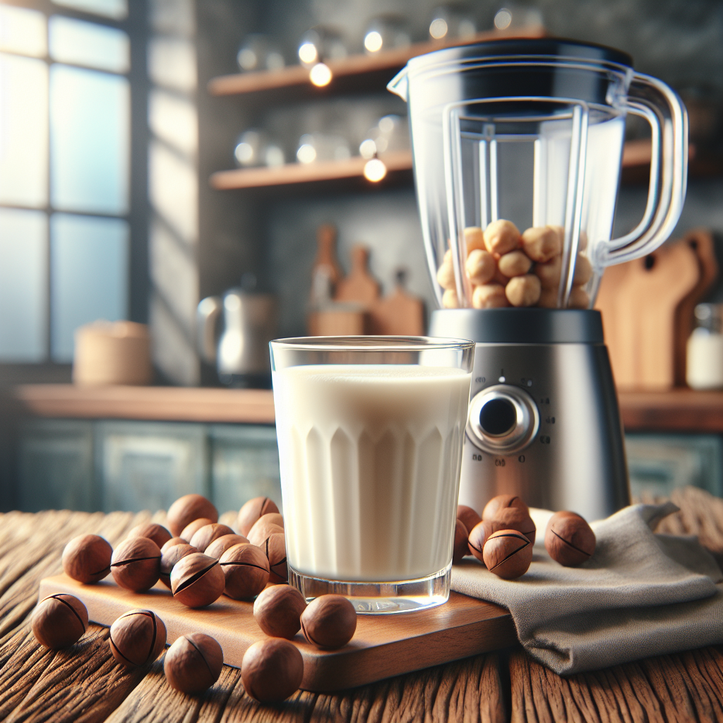 A glass of macadamia nut milk on a wooden table with raw nuts and a blender, in a sunny modern kitchen.