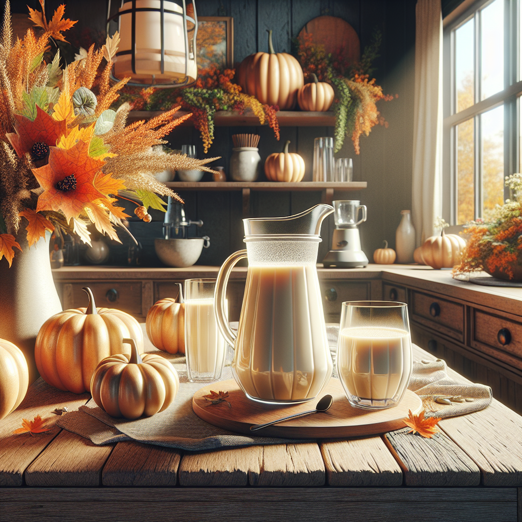 A realistic kitchen scene with a rustic wooden table set with pumpkin milk in a pitcher and glasses, surrounded by fall leaves, pumppets, and a blender.