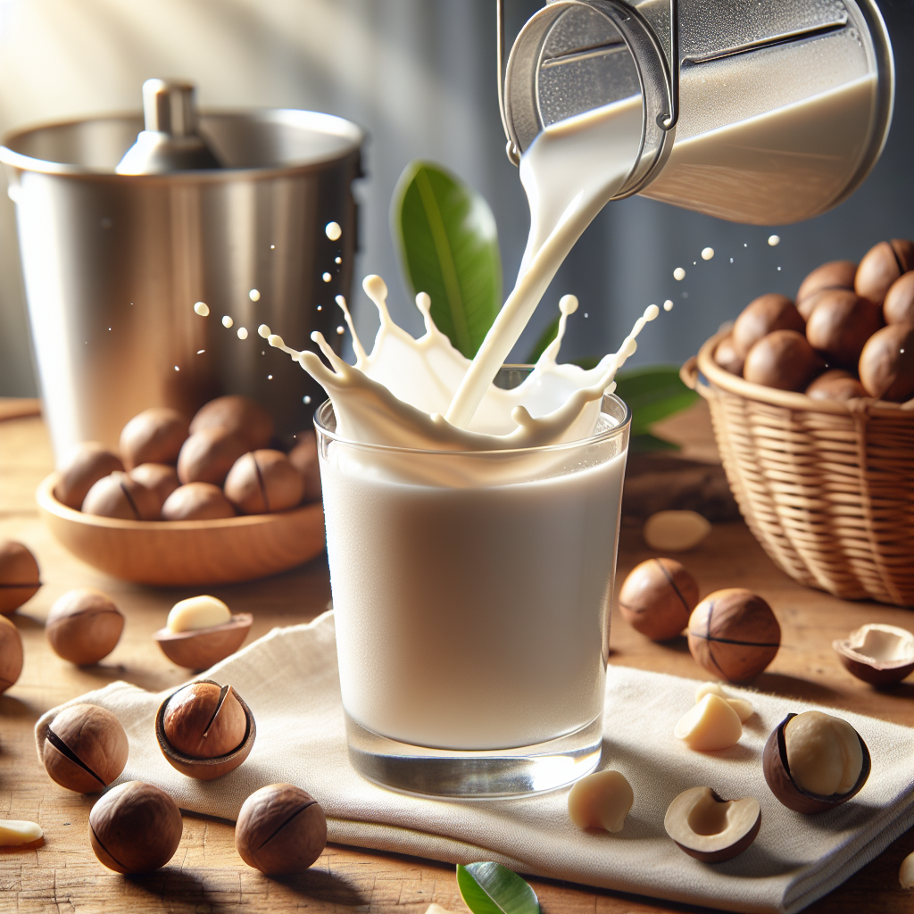 Homemade macadamia nut milk being poured from a blender into a glass, with raw nuts and leaves around, on a wooden table.