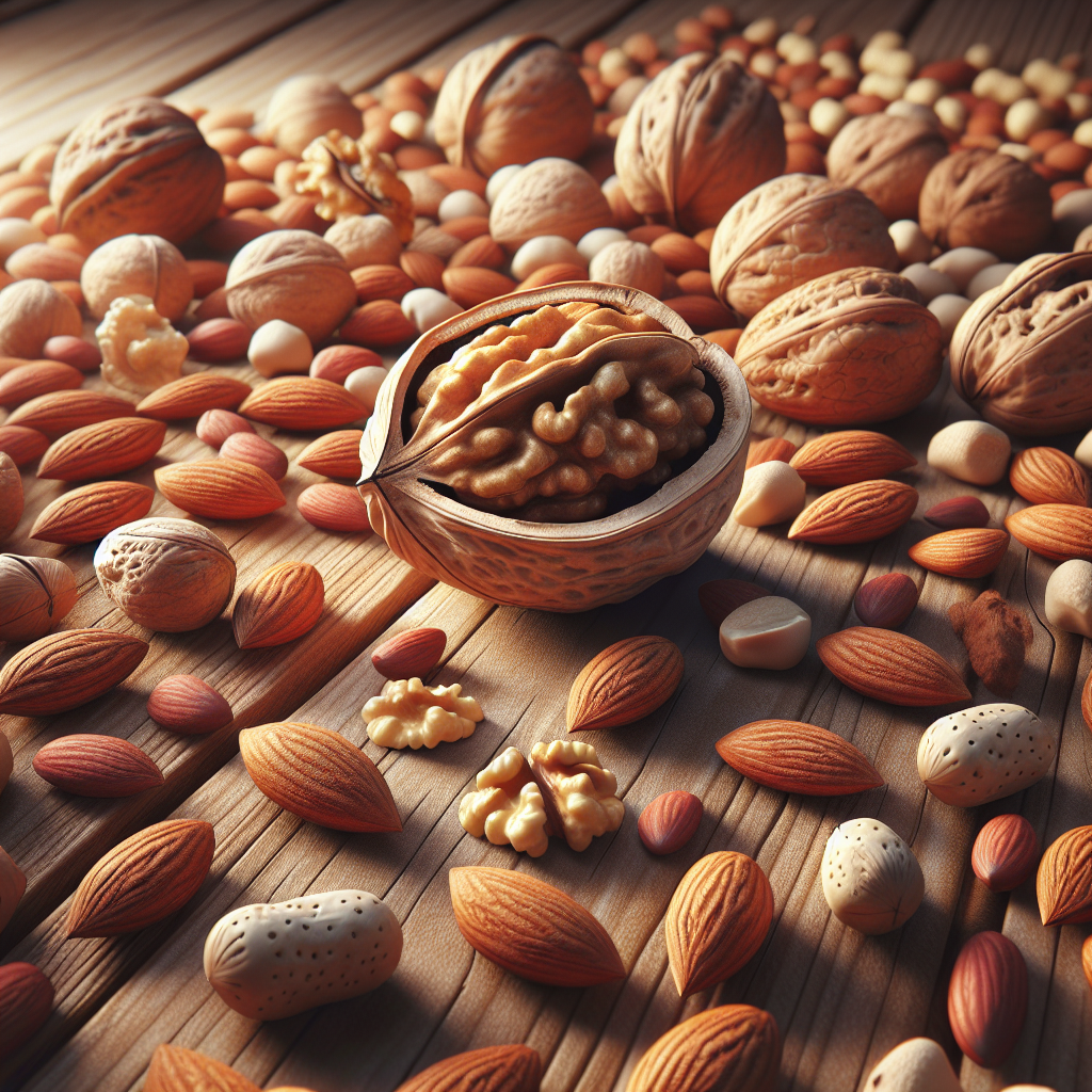 An assortment of nuts on a wooden table, highlighting an empty nut shell, representing nut allergies.