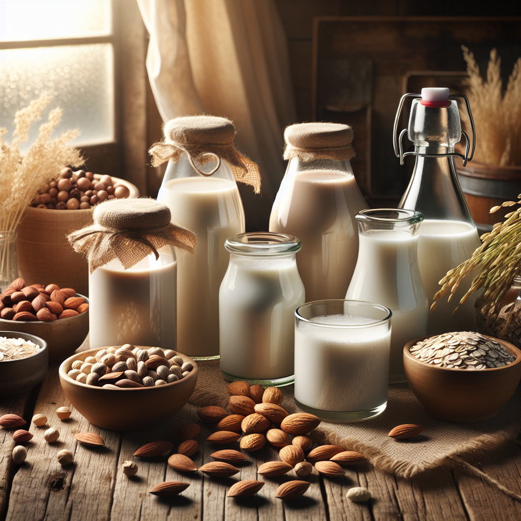 A realistic array of plant-based milk alternatives in glass bottles, displayed on a wooden table with ingredients like almonds, soybeans, oats, and rice beside each, bathed in warm morning light.