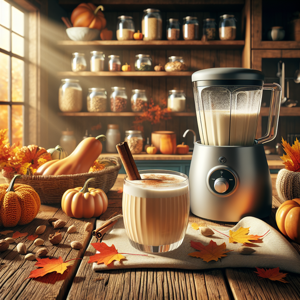 Creamy pumpkin milk with a cinnamon stick, modern blender, and autumn leaves on a rustic wood table in a cozy, sunlit kitchen.