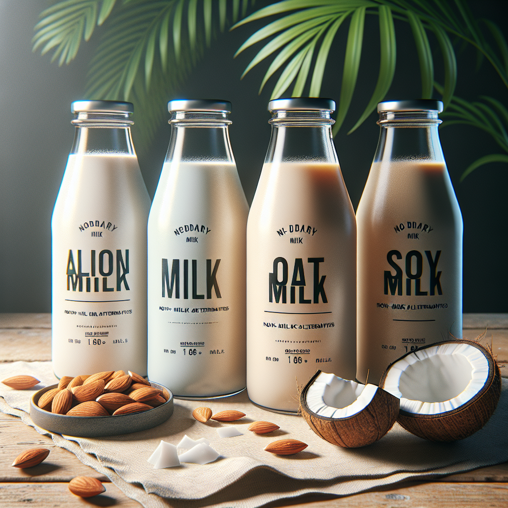 Assorted milk alternatives in clear glass containers, labeled and arranged on a wooden table with a green plant in the background.