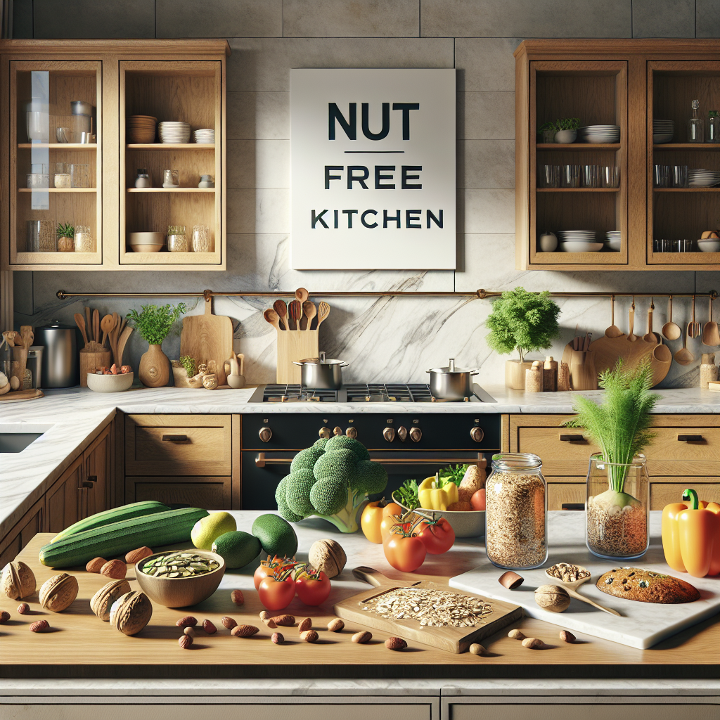 Modern kitchen with nut-free food preparation, 'Nut-Free Kitchen' label, in a warm, inviting lighting.