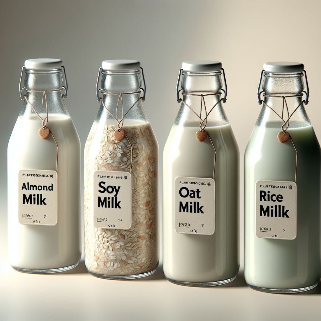 Assorted plant-based milk alternatives in clear glass bottles, each labeled with their respective source, arranged neatly against a neutral background.