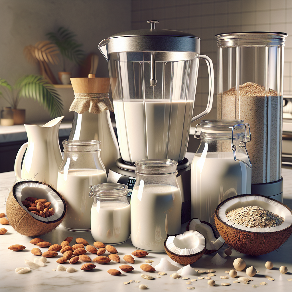 Various lactose-free milk alternatives on a marble kitchen counter with a blender.