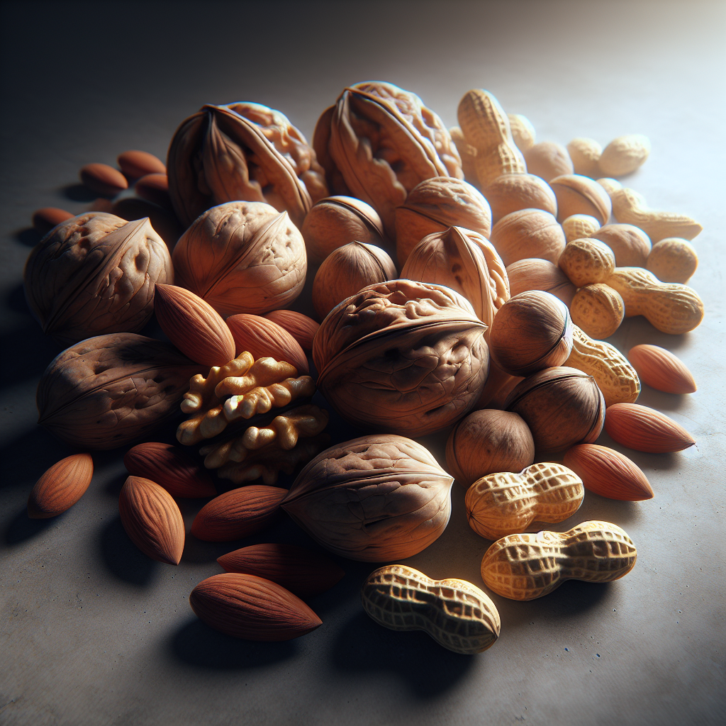 Assorted nuts including almonds, walnuts, and peanuts on a neutral surface under soft lighting, without any text, human or animal presence, to depict nut allergies.