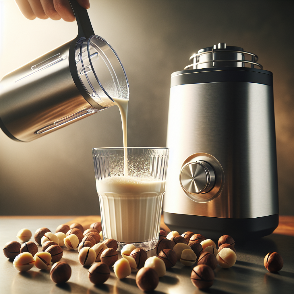 Homemade macadamia nut milk being poured from a stainless steel blender into a clear glass on a kitchen counter, depicting a healthy and eco-friendly lifestyle.