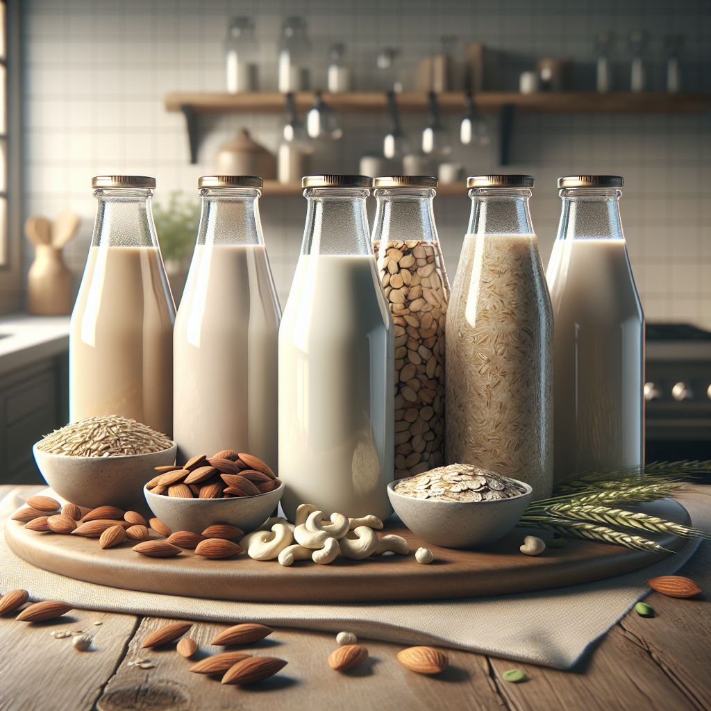 Assorted plant-based milk alternatives in clear glass bottles on a wooden countertop with soft lighting, highlighting their unique colors and textures.