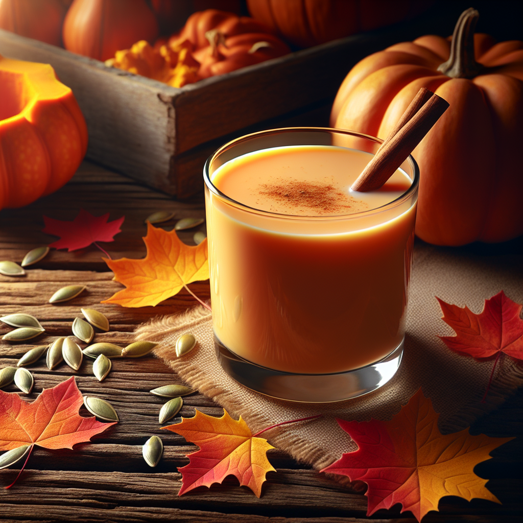 A glass of pumpkin milk with a cinnamon stick on a wooden table, accompanied by pumpkin seeds and colorful autumn leaves in a warmly lit setting.