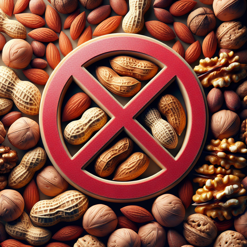 A realistic array of nuts including almonds, peanuts, and walnuts surrounded by a red prohibition sign, representing nut allergy awareness.