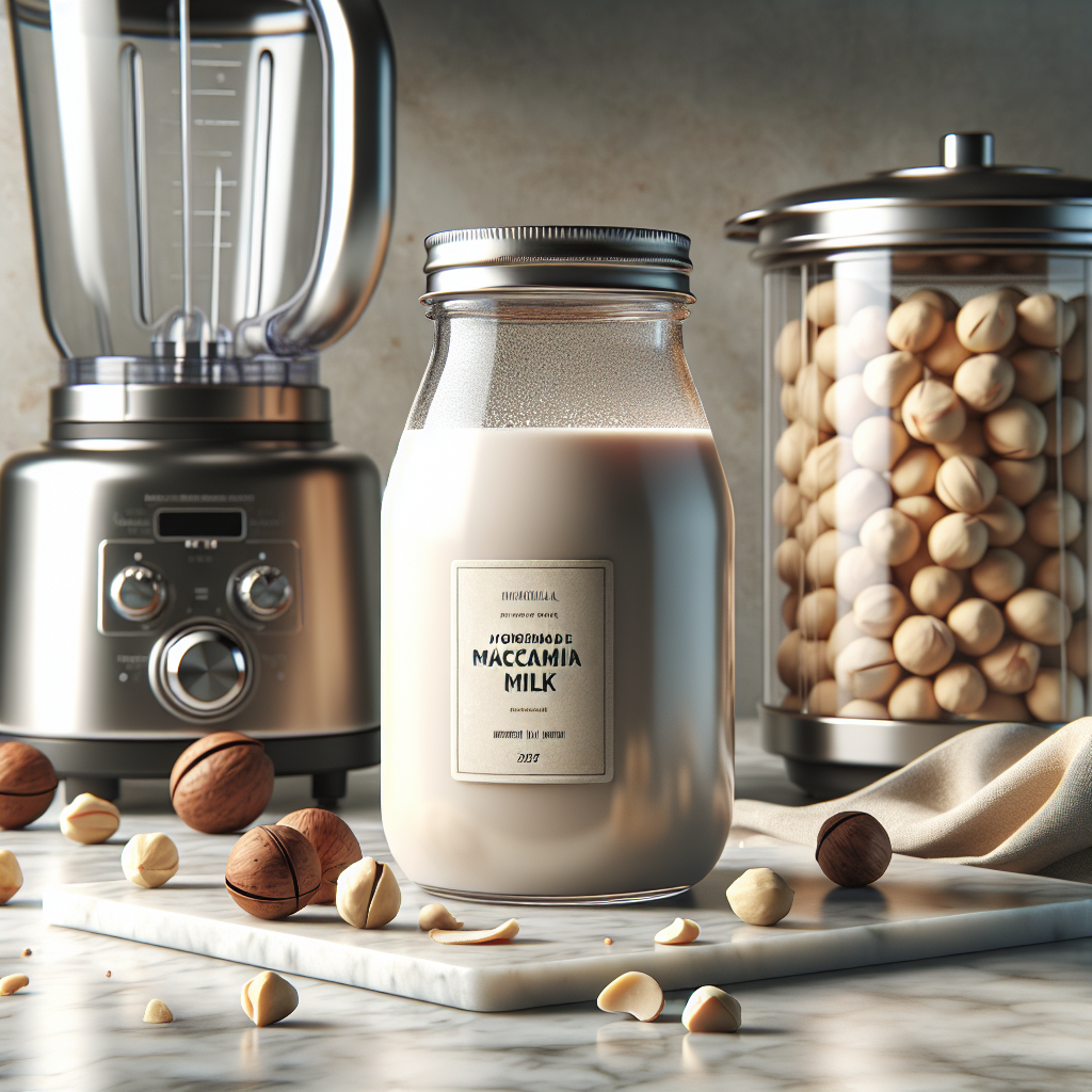 Modern kitchen with homemade macadamia nut milk in a glass jar, raw nuts, and a blender on a marble countertop.