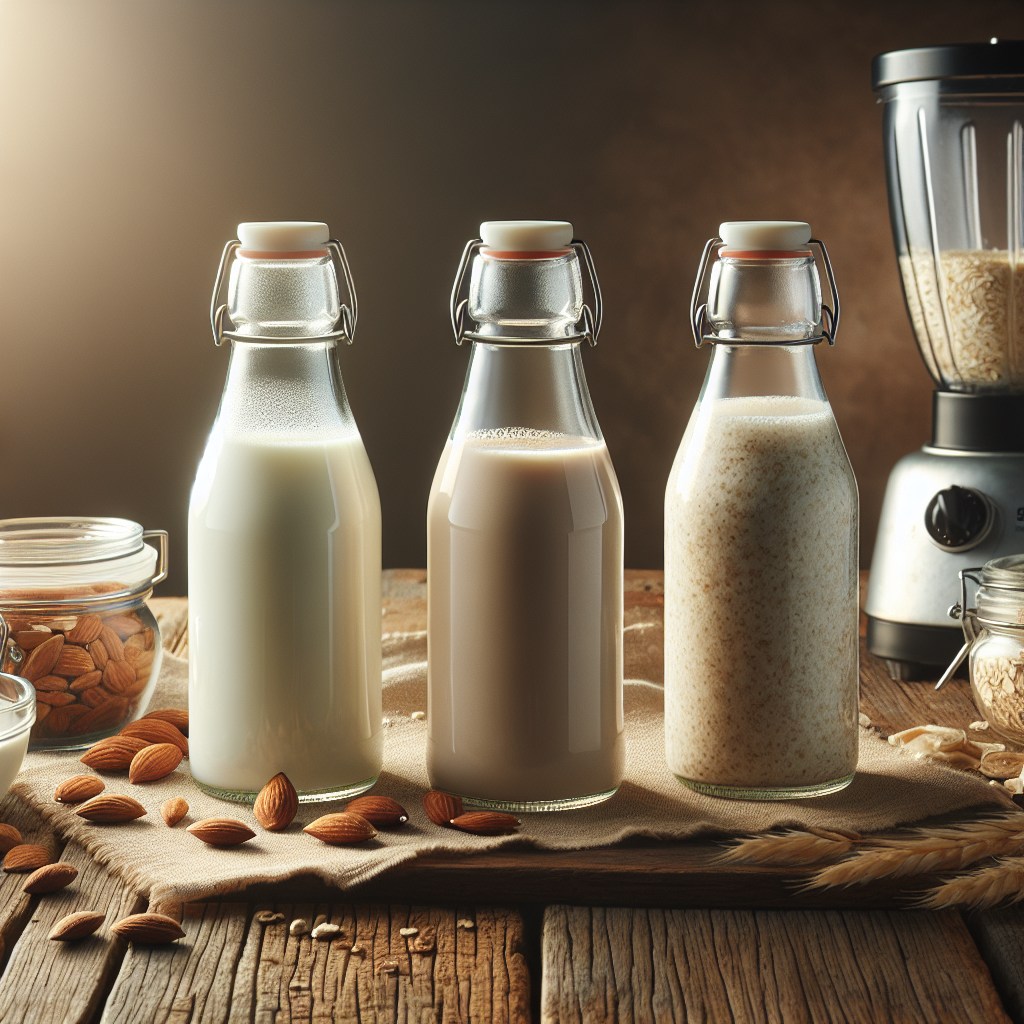 Variety of plant-based milk alternatives in glass bottles on a wooden table with a blender outline in the background, in a warm and fresh setting.