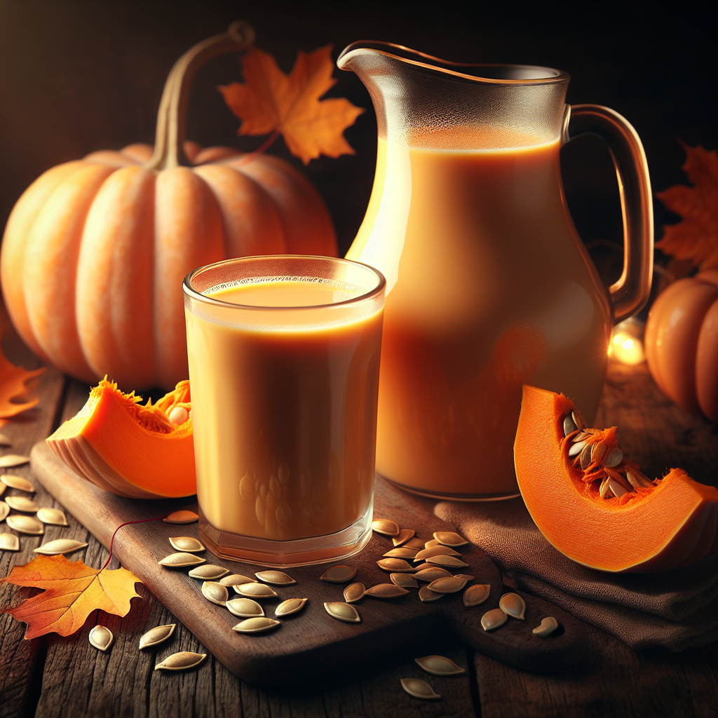 Glass pitcher with creamy orange pumpkin milk, fresh pumpkin seeds, and autumn leaves on a wooden background, radiating warmth and comfort.