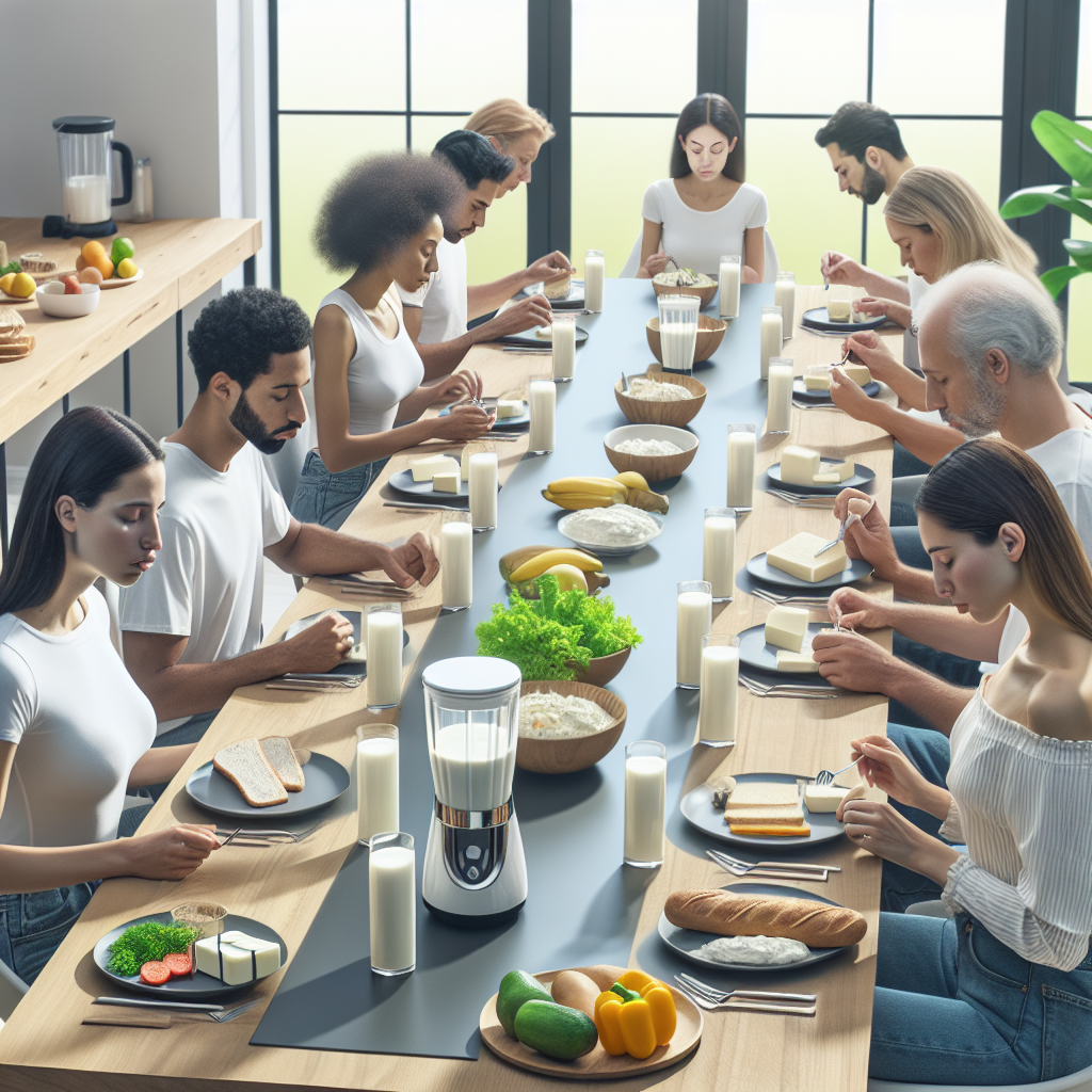 People of various ethnicities exhibiting subtle symptoms of lactose intolerance while sharing a meal with dairy and lactose-free alternatives, with a MilkDepot.ca blender as the centerpiece in a sunny modern kitchen setting.