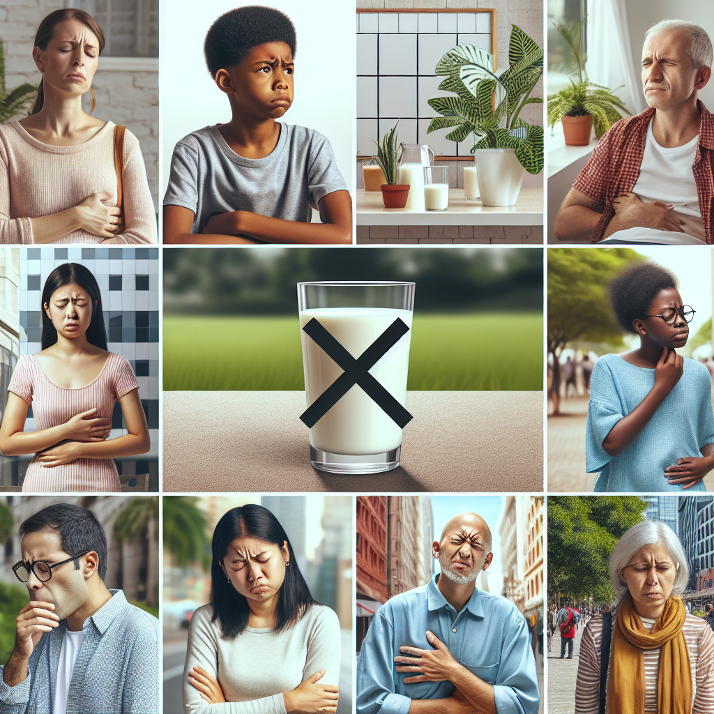 Realistic image of people of various ethnicities showing signs of lactose intolerance discomfort, with a prohibitory sign over a glass of milk.