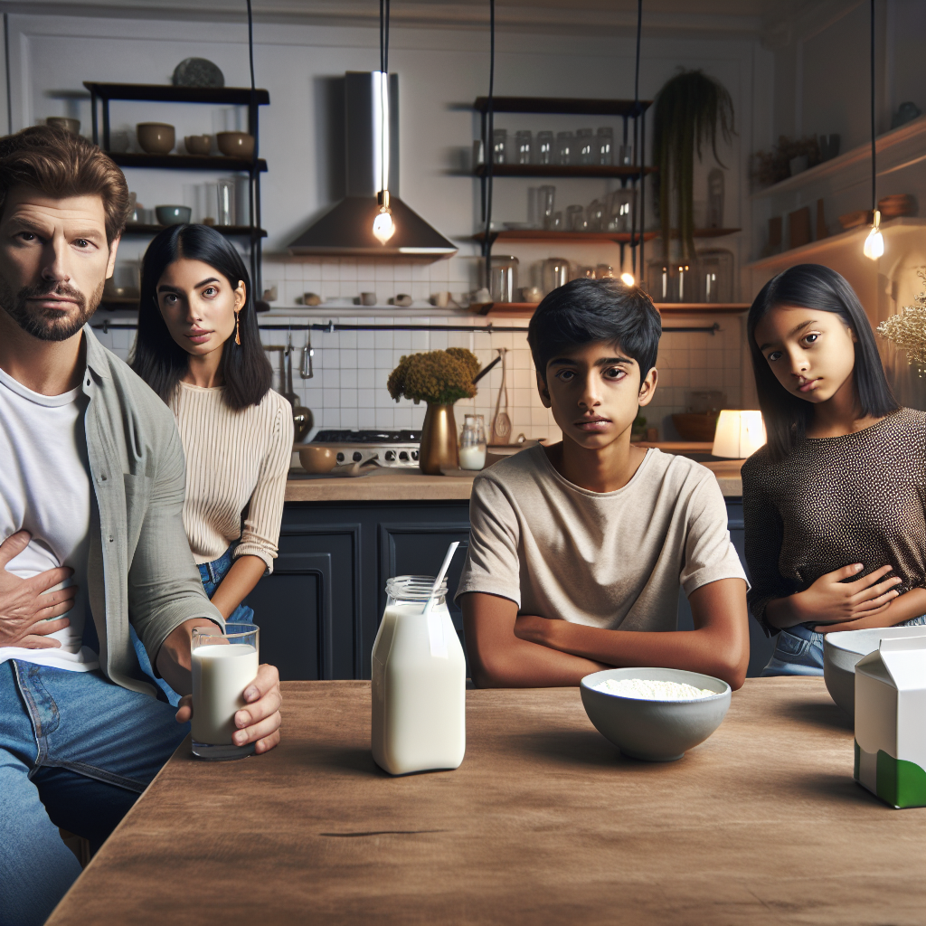 Diverse group of people showing signs of lactose intolerance sitting in a modern kitchen, with lactose-free milk on the table.