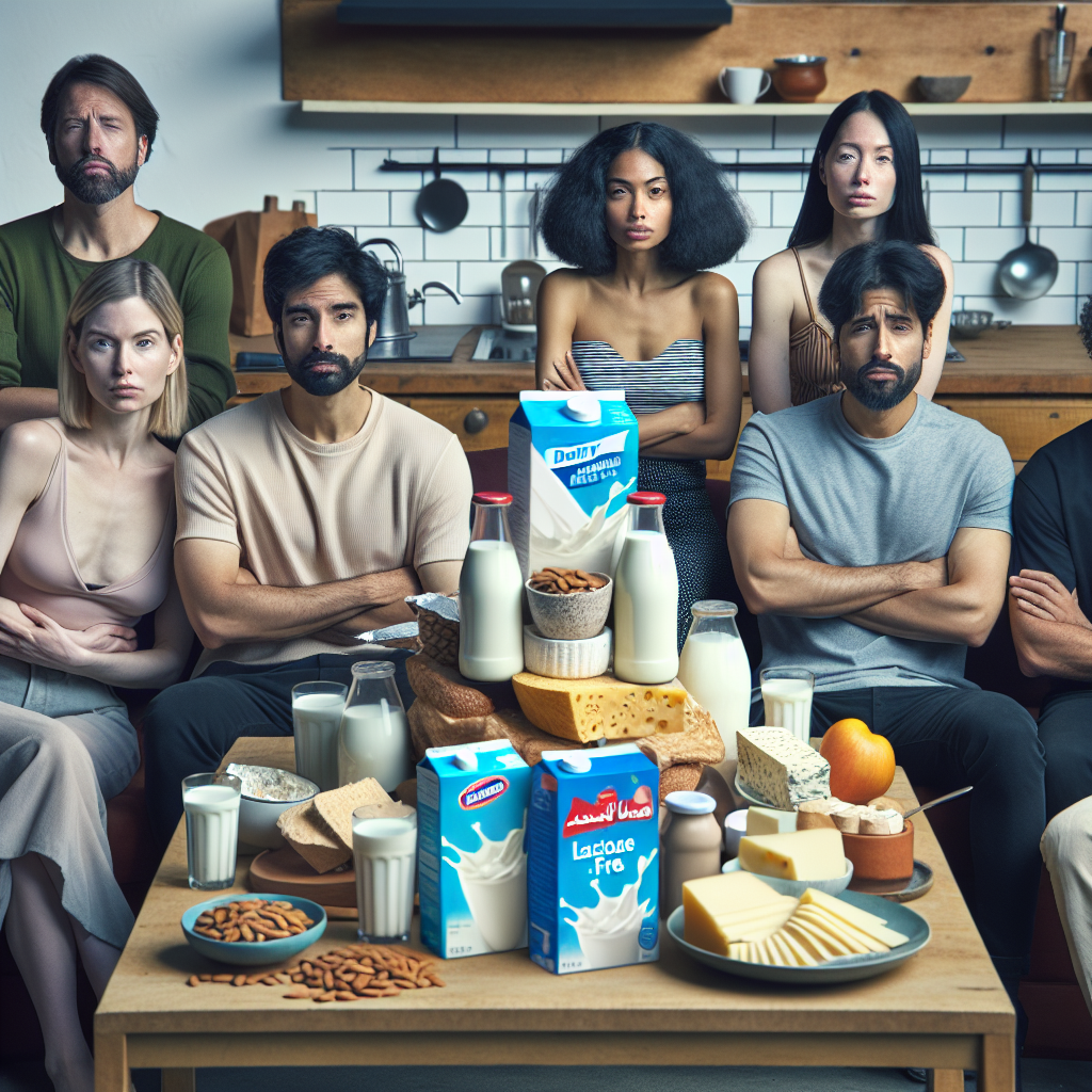 A realistic portrayal of people with lactose intolerance examining dairy and lactose-free products on a kitchen table.