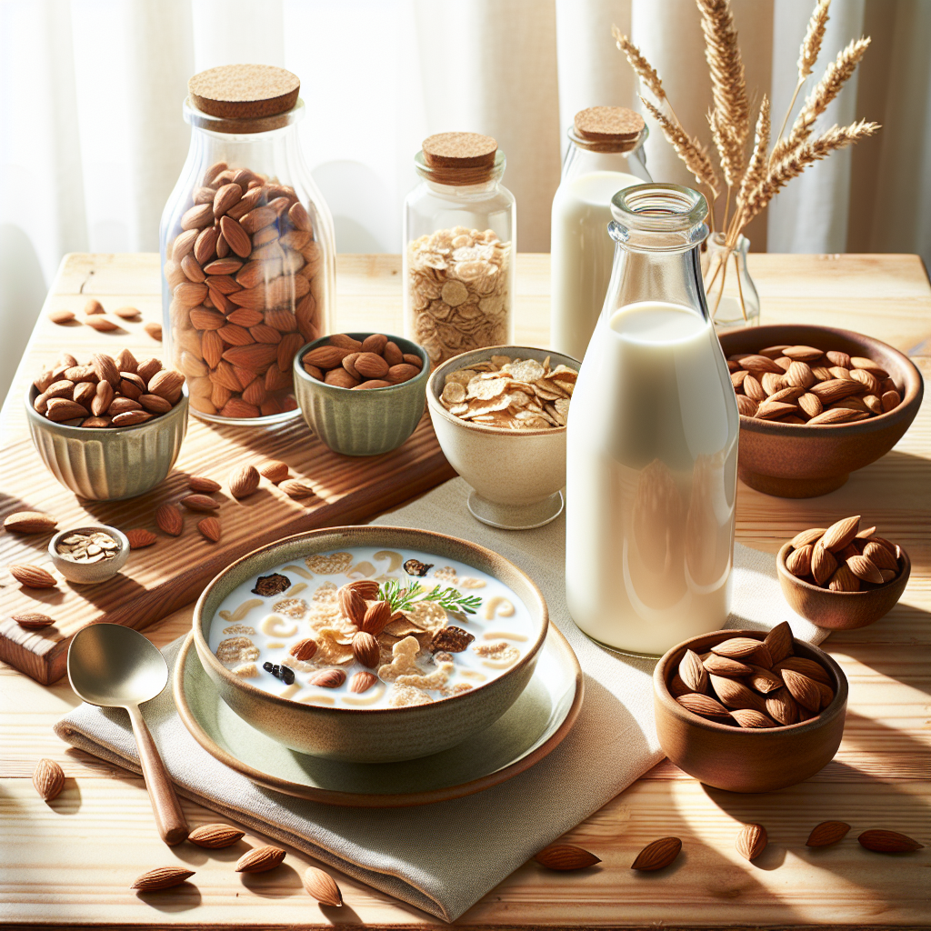 A top-down view of a breakfast table with plant-based milk, a bowl of cereal, and nuts.