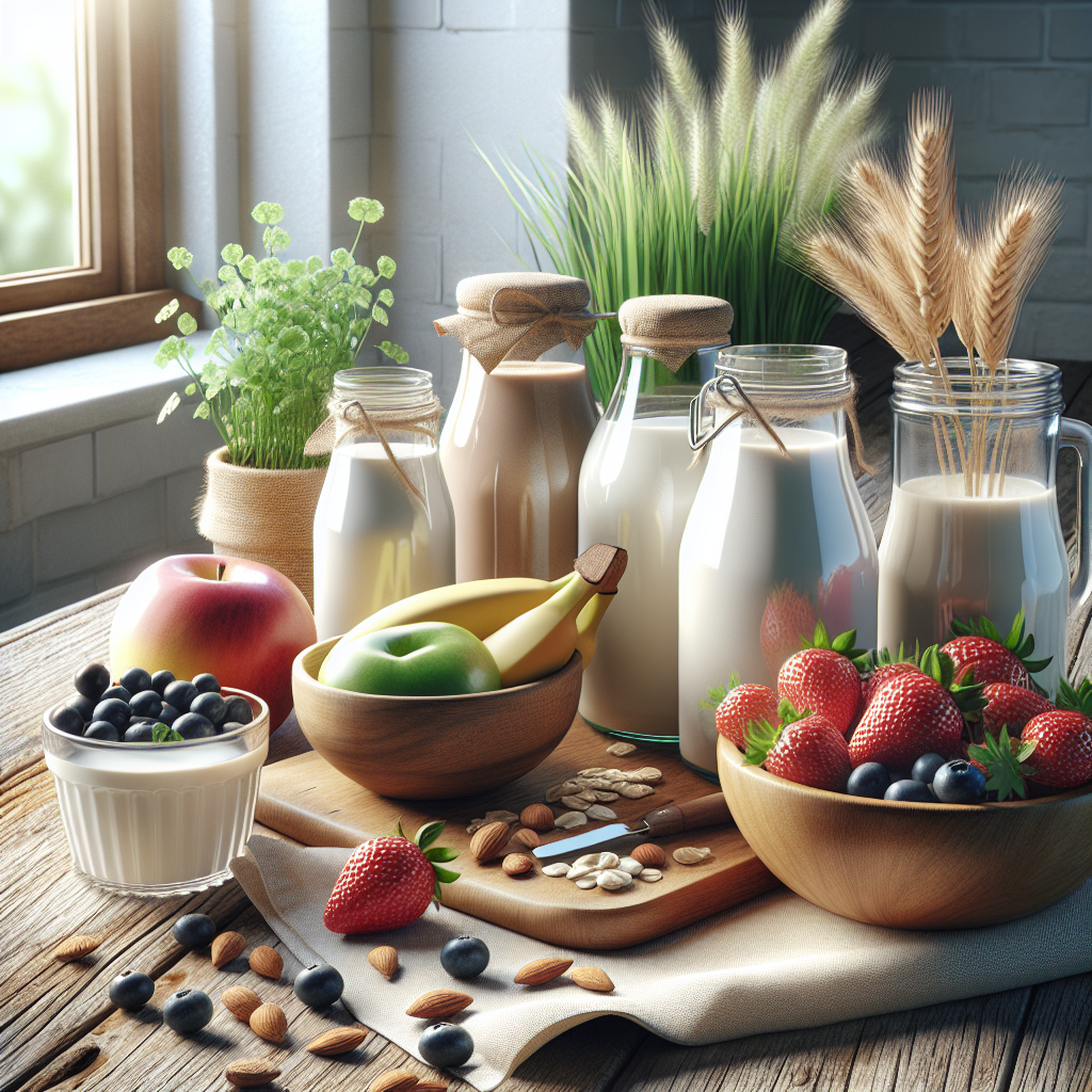 A wholesome dairy-free breakfast setup with plant-based milk, fresh fruits, and a small potted plant on a rustic table.