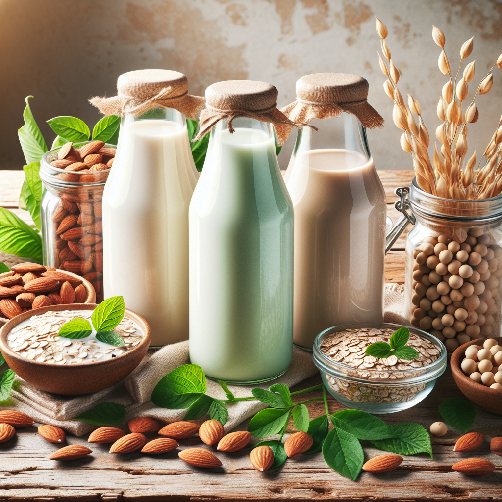 A realistic image of plant-based milk alternatives in glass bottles on a rustic wooden table, with fresh almonds, oats, and soybeans.