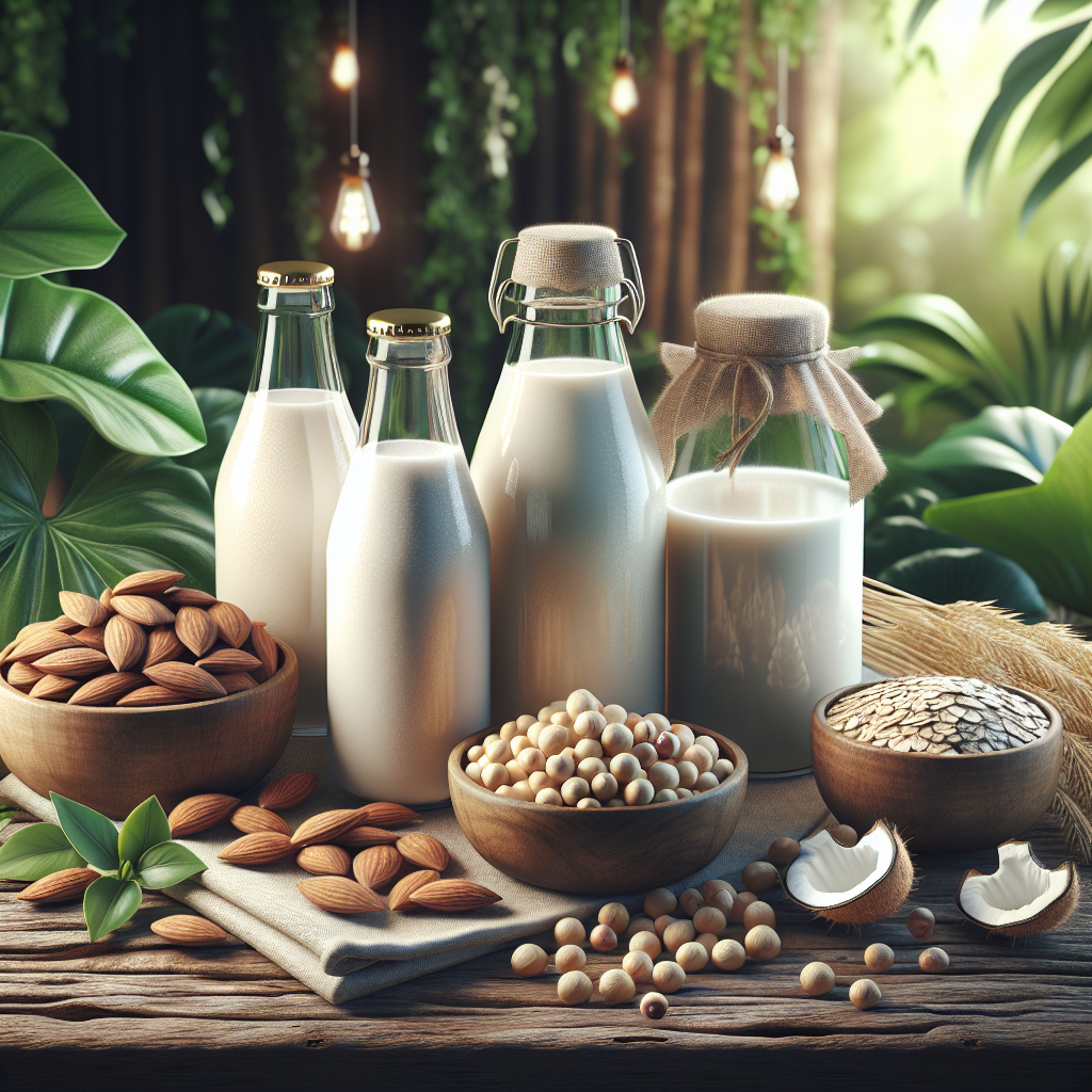 Assorted plant-based milk alternatives in glass bottles with fresh ingredients and green plants in the background.