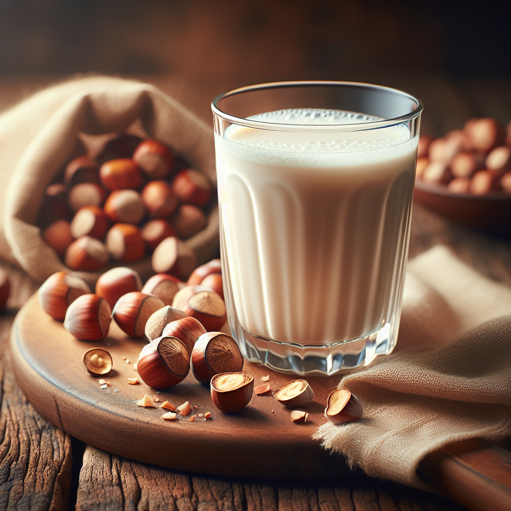 A glass of creamy hazelnut milk on a wooden table with fresh hazelnuts beside it.