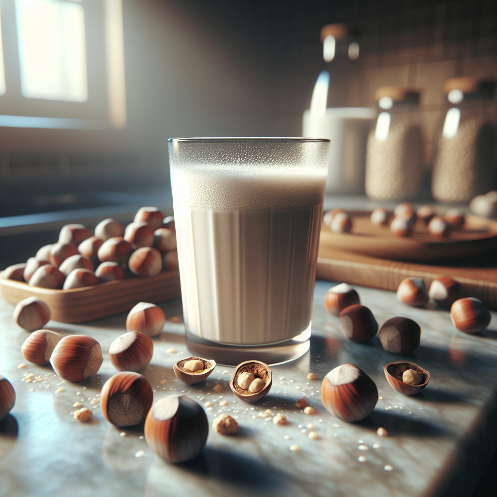 A realistic glass of hazelnut milk on a modern kitchen countertop with scattered whole hazelnuts.