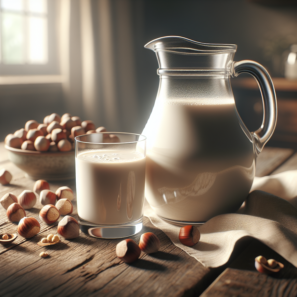 A realistic depiction of hazelnut milk in a glass jug and a glass, surrounded by hazelnuts on a wooden table.