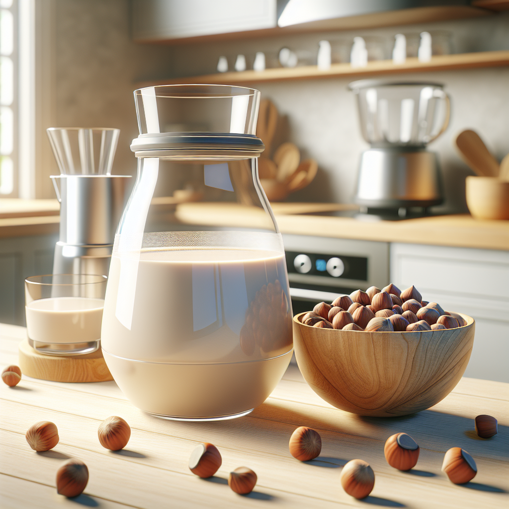 A glass jug of hazelnut milk next to a bowl of hazelnuts on a kitchen counter with a blender in the background.