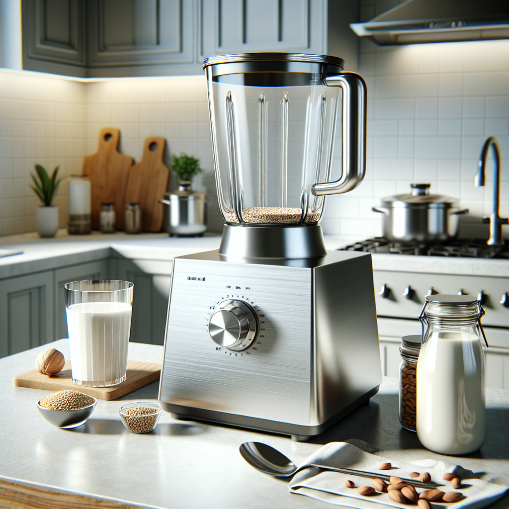 Modern kitchen countertop with MilkDepot.ca's stainless steel blender, fresh milk, and various ingredients in a clean setting.