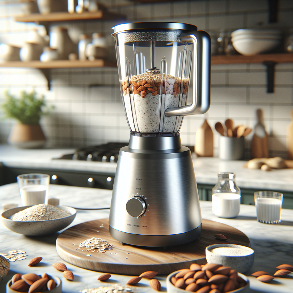 A realistic image of a stainless steel blender in a modern kitchen, making fresh nut milk with ingredients around it.