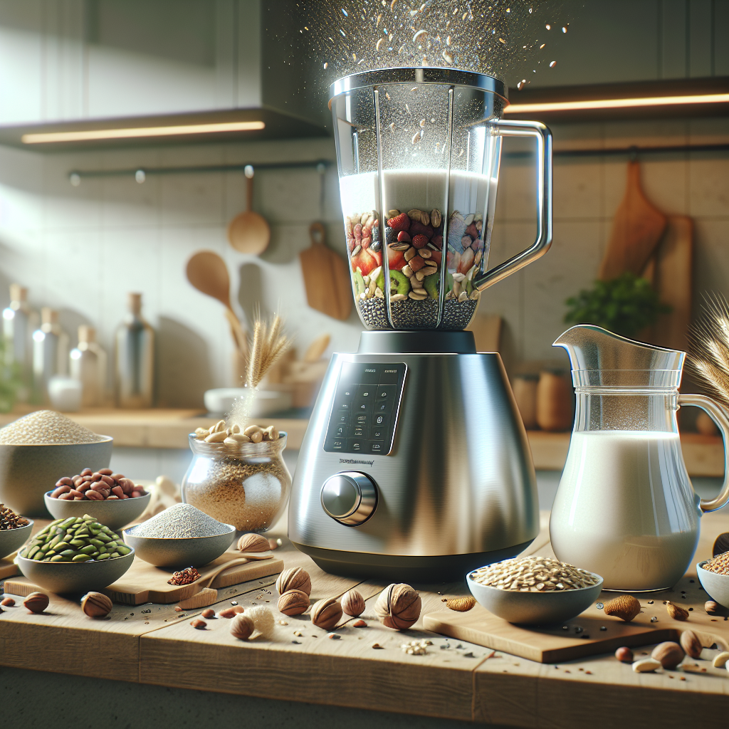 Modern kitchen counter with a sleek blender, fresh nuts, grains, seeds, and a glass pitcher of fresh milk.