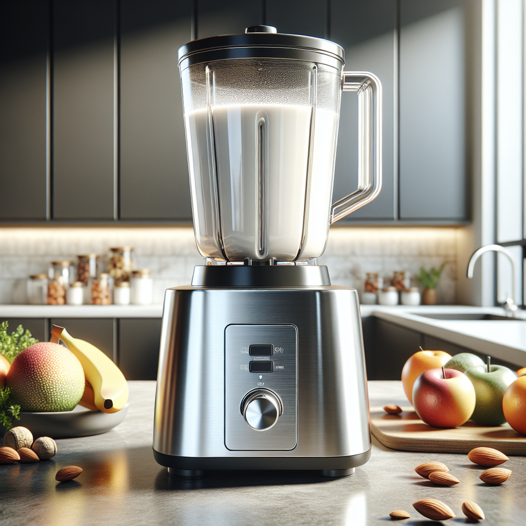 A stainless steel blender filled with fresh almond milk on a modern kitchen countertop with fruits and nuts nearby.