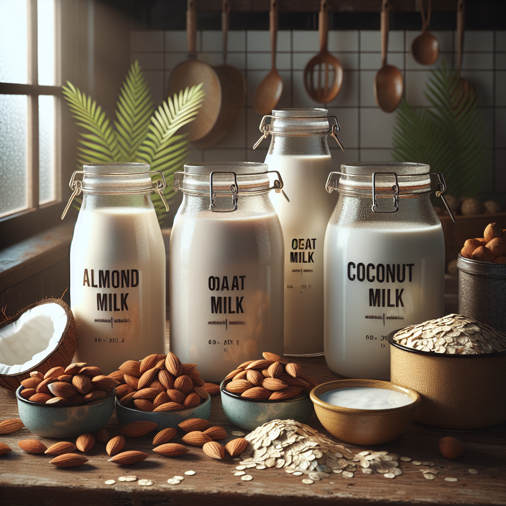 Various lactose-free milk alternatives displayed on a rustic wooden kitchen counter, surrounded by fresh almonds, oats, and coconut pieces.