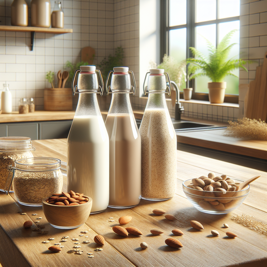 Various lactose-free milk alternatives on a wooden kitchen counter with natural light.