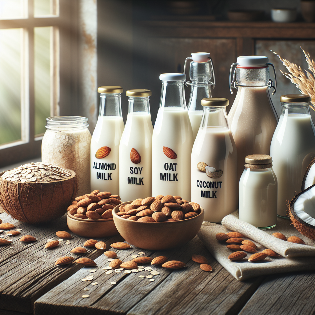 A variety of lactose-free milk alternatives like almond, soy, oat, and coconut milk on a kitchen table.