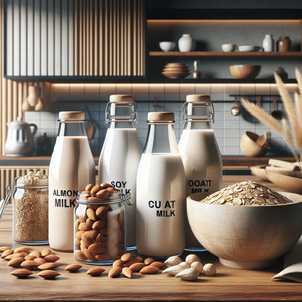 Various lactose-free milk alternatives displayed in a modern kitchen setting.