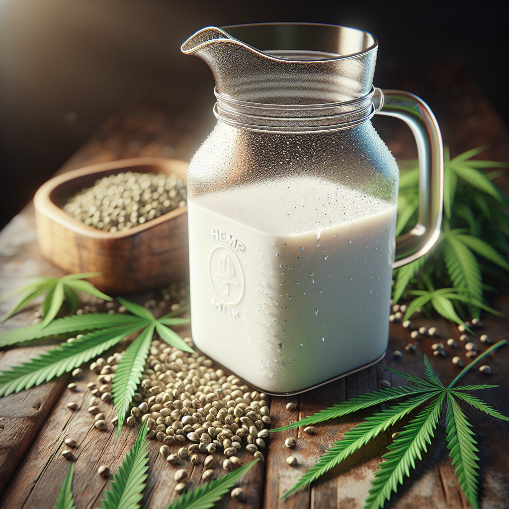 A clear glass jar of hemp milk surrounded by hemp seeds and hemp leaves on a rustic wooden table.