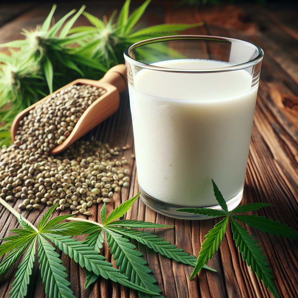 A glass of hemp milk on a rustic wooden table with hemp seeds and a hemp plant in the background.